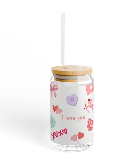 Valentine's Day-Themed Glass Tumbler with Bamboo Lid and Straw Sipper Glass, 16oz